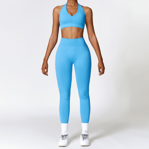 Venta al por mayor de ropa deportiva de yoga para mujer con logotipo personalizado 2 piezas conjunto Halter Sexy sujetador y en forma de <span class=keywords><strong>V</strong></span> Leggings de cintura alta gimnasio Fitness conjunto - Product Image 2
