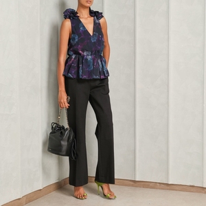 Robe courte pour femme en velours 3D floral non tissé 100% soie, cintrée à la taille, plissée, imprimée par décharge, dégradé d'encre, à volants, col en V - Product Image 3