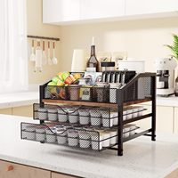 Organizador de Barra de Café, Soporte para Cápsulas K-Cup de Metal y Madera con Almacenamiento para Cápsulas de Café, Tazas de Sirope y Agitadores