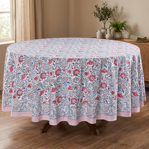 Nappe ronde en coton faite à la main, motif floral moderne, imprimé au bloc, lavable, pour la maison, les mariages, les banquets et les hôtels - Product Image 2