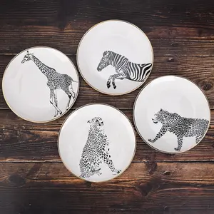 Custom logo fancy animal giraffe golden edge bone china ceramic snack plate dish for restaurant