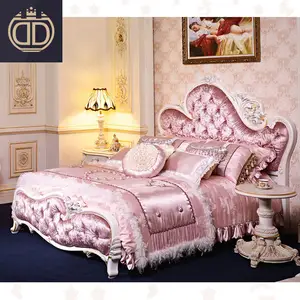 골동품 로얄 핑크 침실 가구 나무 조각 침대 세트 디자인 럭셔리 킹 사이즈 핑크 공주 소녀 벨벳 패브릭 침대