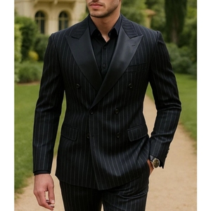 Traje de Hombre de Lujo Negro a Rayas, Doble Botonadura, Corte Entallado, Blazer Italiano, Pantalones Elegantes, Estilo Británico, Casual de Negocios, Retro, Tipo Tuxedo - Product Image 1