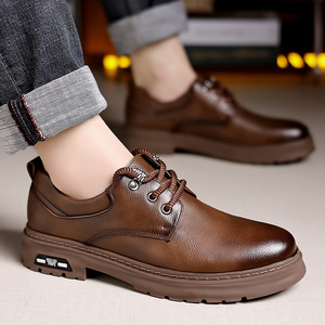 Chaussures décontractées rétro en cuir véritable pour hommes, bout rond, lacets, semelle extérieure en caoutchouc antidérapante, semelle épaisse pour l'automne - Product Image 2