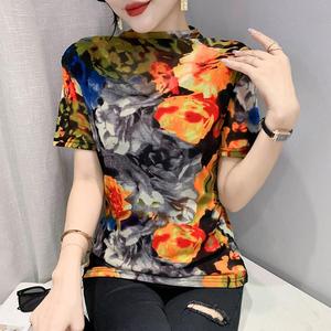 T-shirt Estiva da <span class=keywords><strong>Donna</strong></span> a Mezza Collo Alto, Stampata, Slim Fit, Elasticizzata, in Rete, a Maniche Corte - Product Image 3