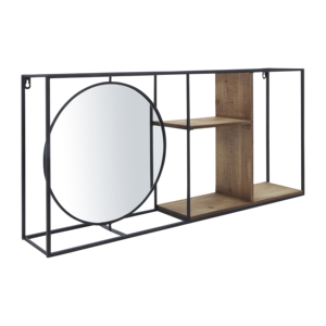 Estante rectangular de pared con espejo redondo, organizador de almacenamiento de madera para entrada, baño o sala de estar - Product Image 1