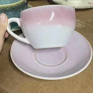 Tasse à café en céramique tendance avec glaçure réactive et soucoupe, tasse à thé en grès de style artisanal pour usage quotidien et cadeau - Product Image 4