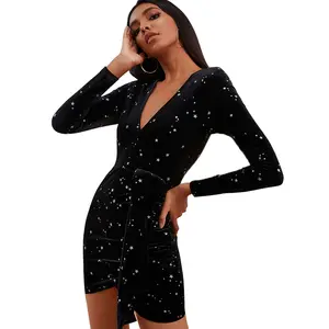 Modelos de Venda Quente de Manga Longa Decote Em V Profundo Vestidos de Noite Bodycon Sexy Mini Wrap Dress Plus Size