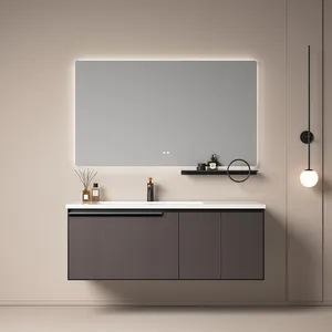 Tocador de lavabo de baño de 35-47 pulgadas, armario de baño de aluminio de lujo único con espejo retroiluminado LED minimalista, lo último de 2023