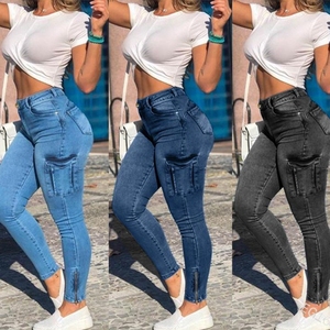 Jean sexy pour femme, coupe mollet, avec poches zippées, brossé et vieilli, style mode - Product Image 2