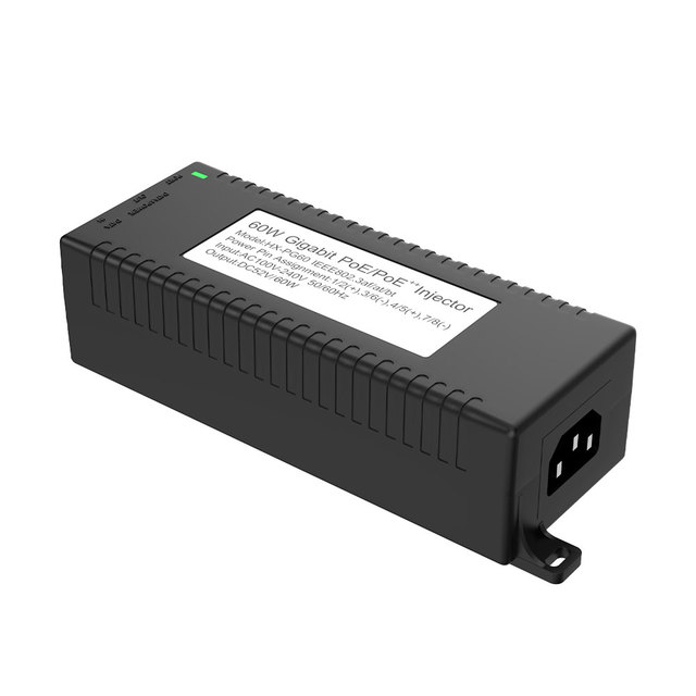 PoE Injector Standard Gigabit 60W RJ45 2 Ports DC52V 10/100/1000Mbps Plastic IEEE802.3af/at/bt Wireless AP Network Ball Machine