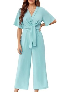 Nouvelle arrivée estivale Combinaison femme unie à col en V, taille nouée, manches courtes, simple et tendance - Product Image 4