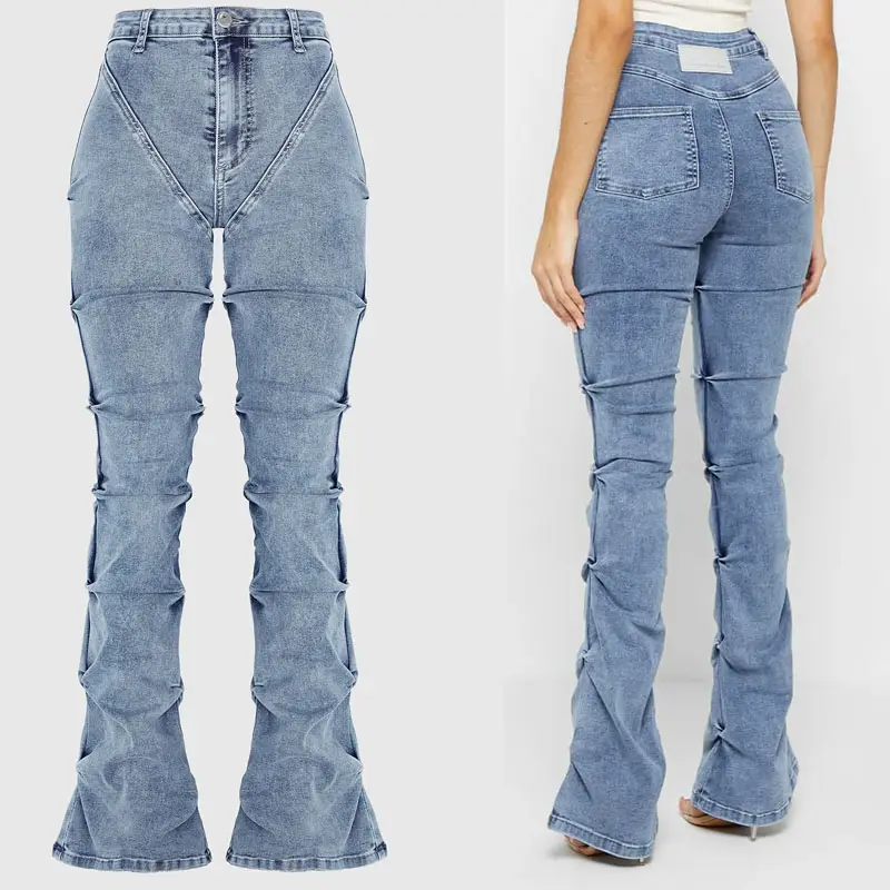 Fashion slim fitting tacked denim high waisted flare bell bottom jeans for women flared jeans