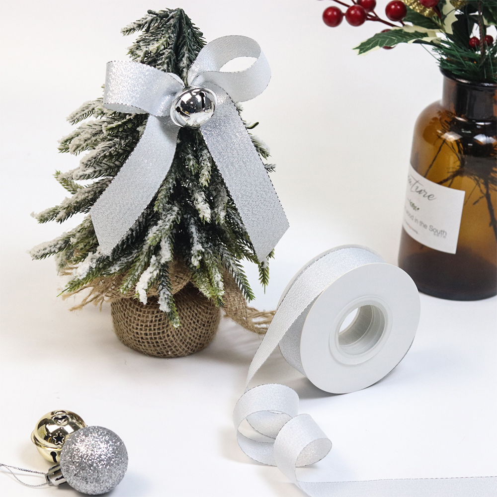 Wholesale Custom Gold Silver Metallic Polyester Ribbon Roll Satin Solid Color Glitter Ribbons for Christmas Gift Decorations