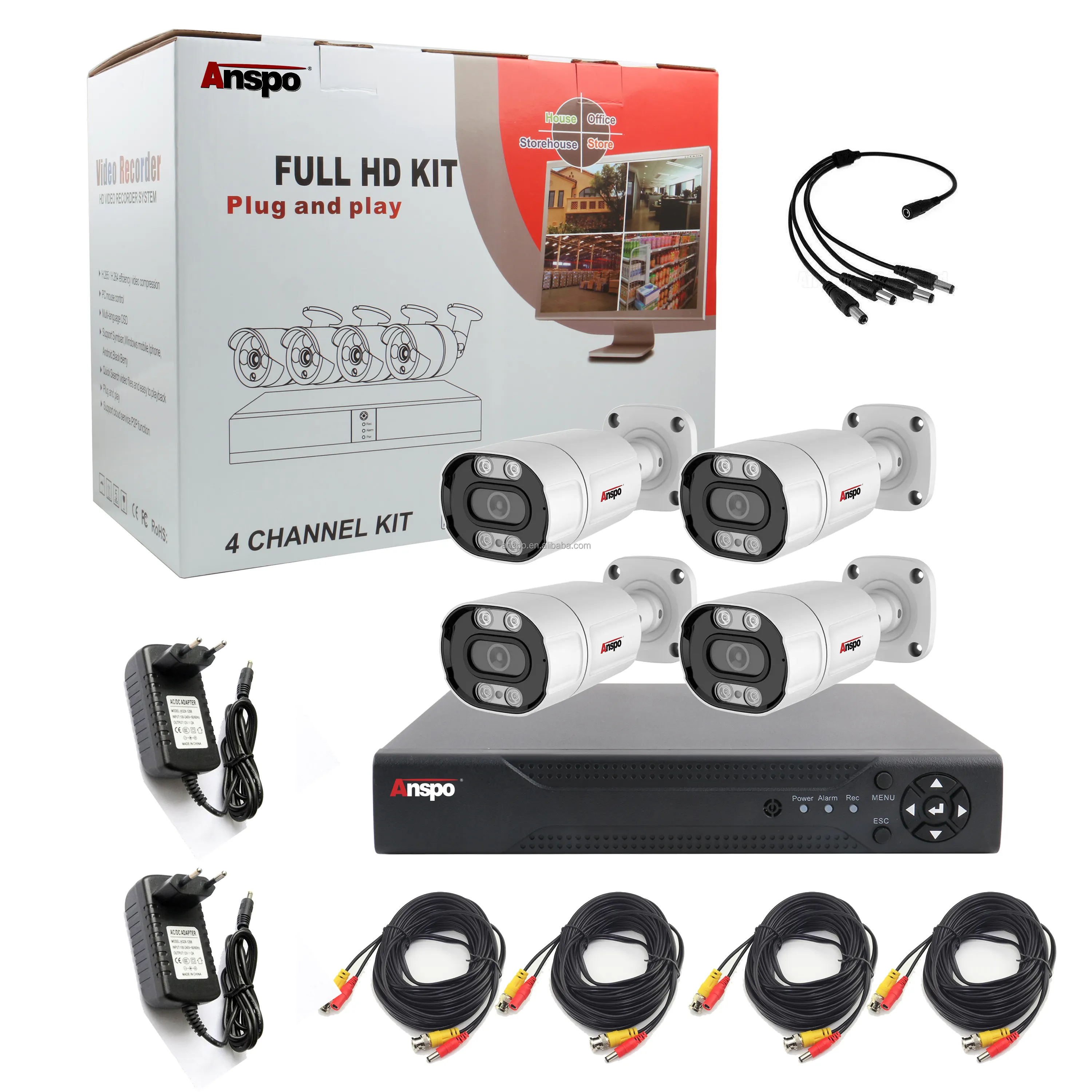 Anspo 1080p 4ch AHD Kit de cámara con DVR integrado en audio coaxial Mic 2mp CCTV Sistema de cámara de seguridad conjunto completo