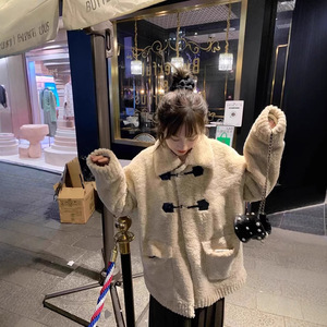 Women's Mid Length Shearling Coat Khaki Solid Color Faux Fur Winter Warm Outerwear - Product Image 1