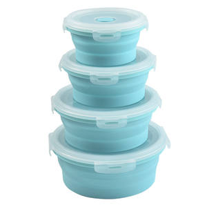 ชุดกล่องอาหารกลางวันซิลิโคนพับได้ 4 ชิ้นสีน้ําเงินเกรดอาหารชุดภาชนะเก็บอาหารแบบพับได้ทรงกลม - Product Image 1