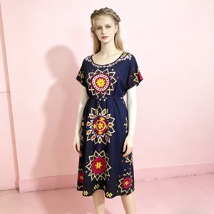 2.75 Dollar SJ014 Hot Selling European American Women <strong>Boho</strong> Geometric Floral Print Maxi <strong>Dress</strong> Loose Short Sleeve <strong>Long</strong> <strong>Dress</strong> - Product Image 6
