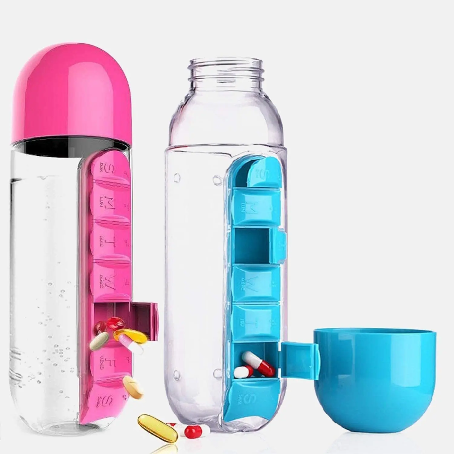 Hap kutusu ile özel 600ml taşınabilir haftalık dağıtıcılar kalan 7day hap saklama kutusu plastik su şişesi