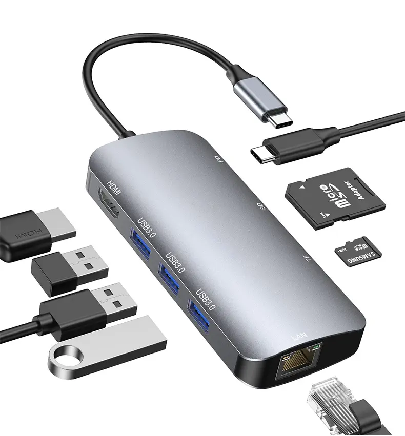 1000 Mbps 8 en 1 8 Ports TYPE-C vers HDTV PD Chargeur USB-C le transfert de données Carte SD/TF USB 3.0*3 Adaptateur Hub USB