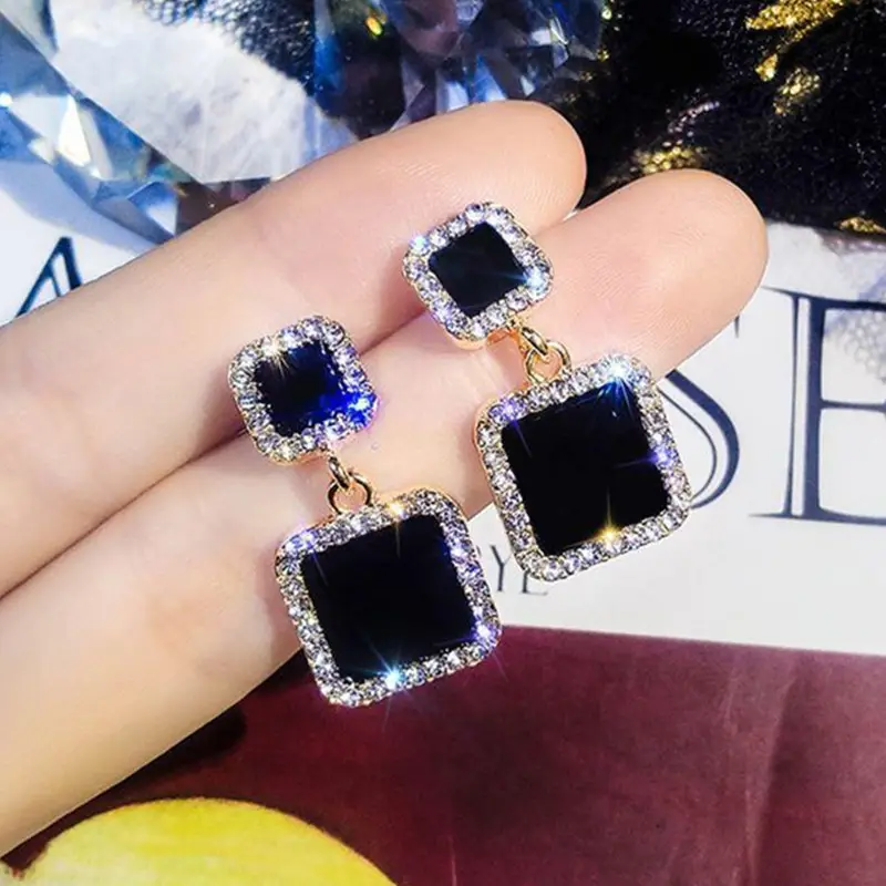 SC-pendientes elegantes de pentagrama para mujer, aretes cuadrados negros personalizados con temperamento, aretes redondos de gota de diamante para mujer