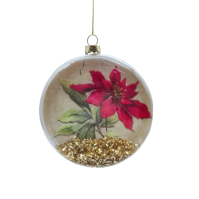 Poinsettia decalcomania piatta rotonda palla di vetro ornamento appeso all'interno glitter per la decorazione natalizia