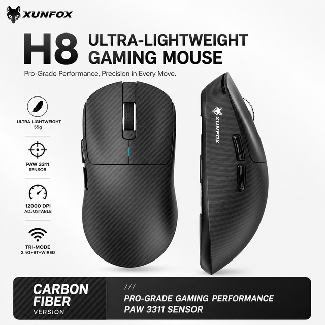 XunFox H8 Tri-Mode Wireless Gaming Mouse with 12000 DPI PAW3311 Sensor Lightweight Ergonomic Mouse for PC Gamer