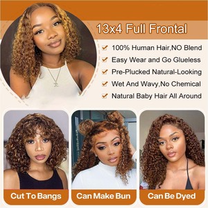 Peluca Corta Rizada con Reflejos 4/27 <span class=keywords><strong>Rubio</strong></span> Miel, Cabello Humano 100%, Peluca con Frente de Encaje 13x4, Ondas Profundas para Mujer, Cabello Humano Virgen - Product Image 3