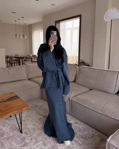 Robe deux pièces à col en V, style Dubaï, <span class=keywords><strong>chemise</strong></span> ample et jupe unie pour adultes, style <span class=keywords><strong>arabe</strong></span> du Golfe et du Koweït - Product Image 2
