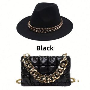 Custom Wholesale Vintage British Style Lady Wide Flat Brim Wool Panama Fedora Hat and Purse Fedora Hat With Chains - Product Image 5