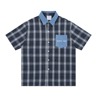 Kemeja Pria Vintage Plaid dengan Kerah Denim, Logo Custom, Lengan Pendek, Kancing Depan, Katun Tebal, Atasan Kasual Pria