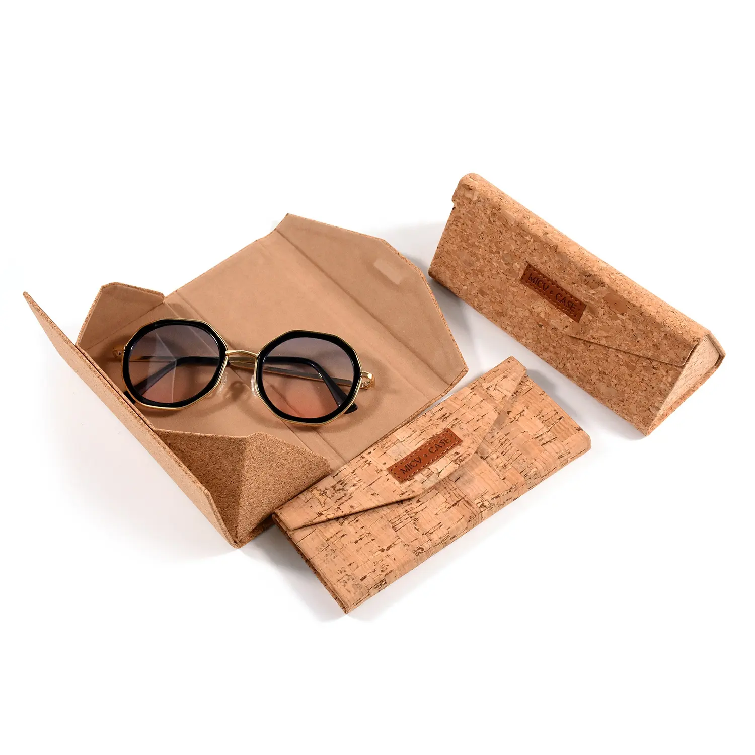 Bestpackaging a triangolo in sughero naturale custodia per occhiali da sole pieghevole custodia in sughero pieghevole per occhiali Custodia personalizzata