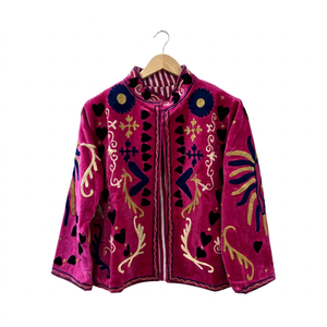 Wholesale <b>Women</b> Pink <b>Velvet</b> <b>Jacket</b> Hand Embroidered Vintage Ethnic Boho Open Front Coat Short Casual Winter Outerwear - Product Image 1