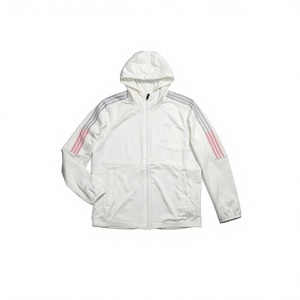 <b>White</b> Hooded Zip-Up Sport <b>Jacket</b> With Pink Stripes On Sleeves Breathable Polyester Unisex Spring Outerwear - Product Image 3