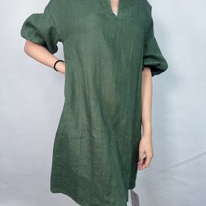 Robe d'été verte pour femme, style lin personnalisé, décontractée, à manches courtes, mi-longue - Product Image 5