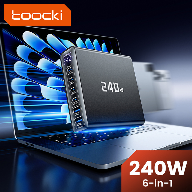 Toocki 240W GaN Fast Charger 6 Ports USB-C USB-A with Extension Cable and Smart Monitor for MacBook Samsung Xiaomi Devices