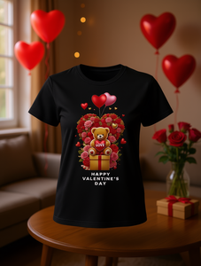 T-shirt con stampa Happy Valentine's Day Teddy Bear per donna, manica corta, girocollo, casual, primaverile, in jersey di cotone - Product Image 2