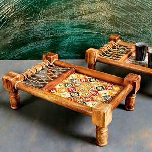 Plateau Charpai Rond en Bois Écologique Fait Main Style Vintage avec Motif Personnalisé et Corde, Idéal pour Hôtels, Restaurants et Cadeaux Promotionnels - Product Image 1