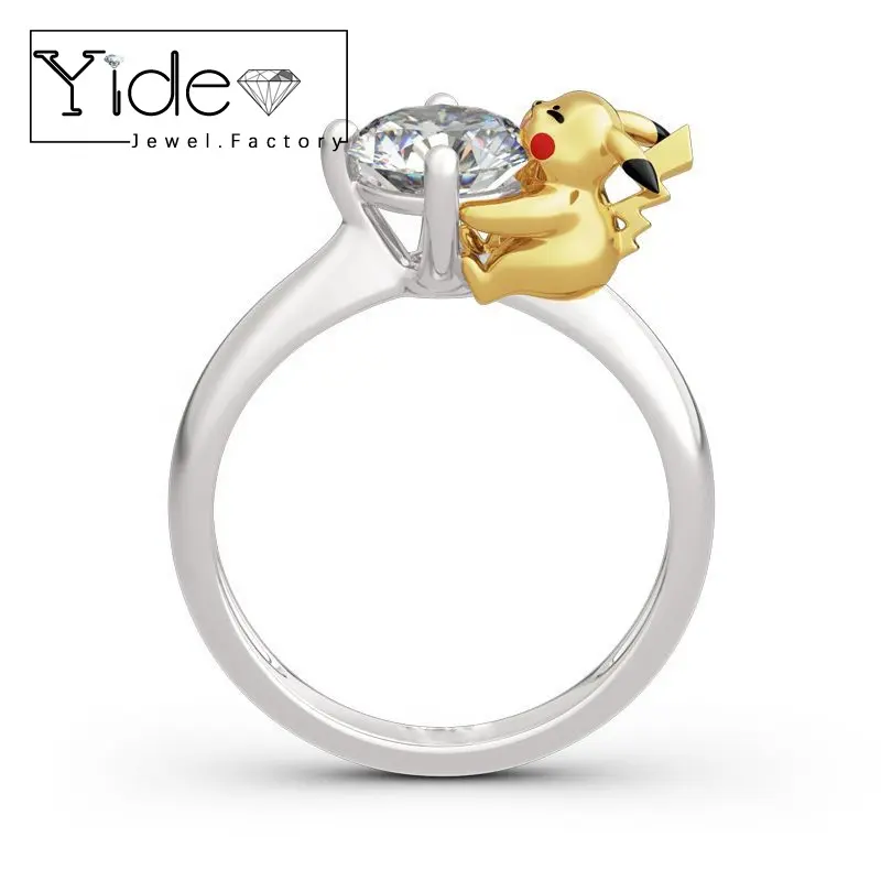 Bague pikachu créative mignonne bague en argent sterling avec diamant taille ronde