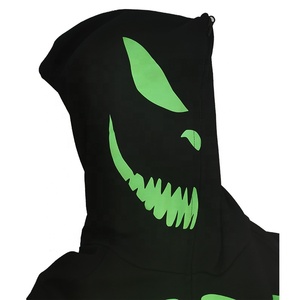 Logo personalizzato Y2k Glow in the Dark Pullover oversize in pile di cotone nero foderato di seta Full Zip up felpe con cappuccio taglie forti da uomo - Product Image 4
