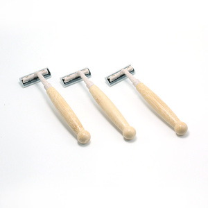 Hoge Kwaliteit Twin Blade Rvs Herbruikbaar Gezicht Scheermes Met Beukenhouten Handvat Voor Mannen - Product Image 2