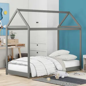 Quarto Casa Forma Full Size Quadro De Madeira Crianças Adolescentes Criança Crianças Cabine Daybed Twin Montessori Piso Plataforma Cama com Telhado