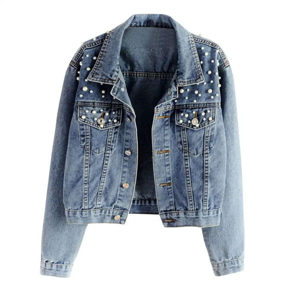Factory wholesale Women Pearl Denim jacket Beaded Pearl Loose And Thin spring Autumn Short Style wedding Denim Jacket supplier