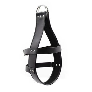 Restraint Hood <b>Black</b> Leather Head <b>Harness</b> For Adult Use With Hanging Ring Suspension - Product Image 2