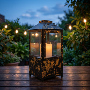 Metal Candle <b>Lantern</b> Iron Glass Panels Rustic Black <b>Gold</b> Finish Hanging Table Top Home Decor Artisan Design L517 6x6x14" - Product Image 1