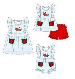 Preventa al por mayor: Ropa de moda para niñas con estampado de sandía, estilos de verano, MOQ 5, precio de fábrica para boutique de ropa de hermanas. - Product Image 1