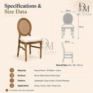 <b>Round</b> Cane Back Wood Wedding Chair <b>Padded</b> <b>Seat</b> Banquet Seating for Event Rental and Wholesale - Product Image 2