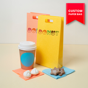 Sacs en papier personnalisés pour beignets avec poignées découpées, en papier kraft recyclable, impression offset, emballage alimentaire, design jaune-orange - Product Image 3