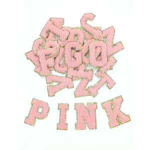No Moq Pink Chenille Alfabet Ijzer Op Geborduurde Glitter Letter Opstrijkbare Patches Van 6.5Cm Hoogte