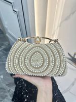 PLAYMAX Tas Wanita Baru Klasik Berhiaskan Rhinestone Mutiara dengan Penutup Magnetik, Bahan Poliester, Tas Malam, Tali Rantai, Tas Selempang, Dompet Clutch